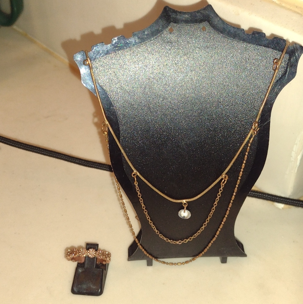 Gold Tone Set with Daisy Flower Ring & Layered Rhinestone Statement Necklace